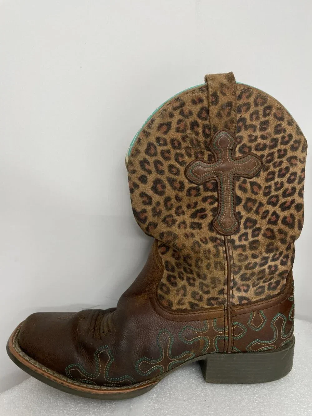 Ariat Crossroads Leopard Cross Leather Western Square Toe Boots Girls Kids 1